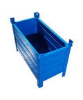 Heavy Duty Steel Storage Bin And Warehouse Turnover Box Built Tough As Nails For Shop Parts Organization Cold Rolled Metal Container With Hella Durable Powder Coating Heavy Load Industrial Workhorse 700X800X500Mm in bright blue color, showing the inside and side view.