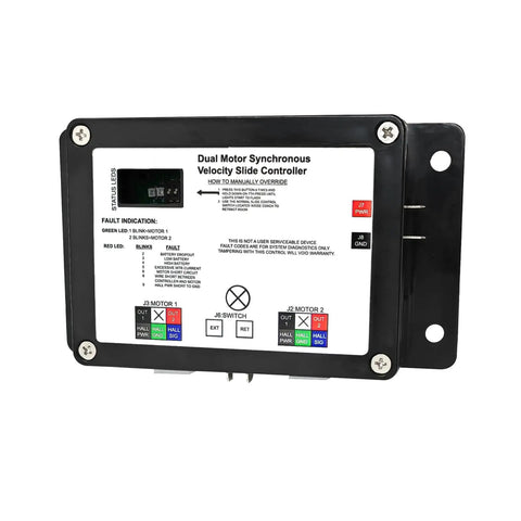 Close-up of Upgraded 13398-DO Dual Synchronous Slide-Out Controller for RV In-Wall Units, front view with labeled ports.