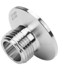 Chrome sanitary pipe fitting by DERNORD with 3/4in GHT male threads and flange, angled side view.