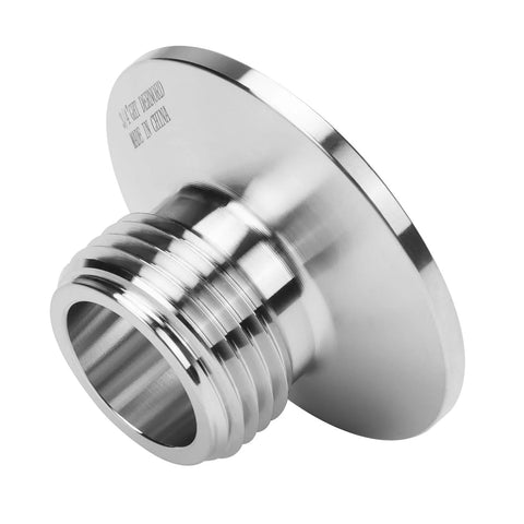 Chrome sanitary pipe fitting by DERNORD with 3/4in GHT male threads and flange, angled side view.