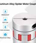 Aluminum spider motor coupling for 3D printers with red jaw segments, front view.