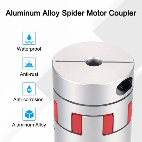 Aluminum spider motor coupling for 3D printers with red jaw segments, front view.