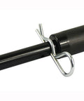 Close-up of a Two Hitch Pin Lock Set for One Half and Five Eighth Inch Receivers with One Shared Keyed Alike Lock, black color.
