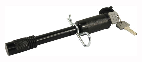 Close-up of a Two Hitch Pin Lock Set for One Half and Five Eighth Inch Receivers with One Shared Keyed Alike Lock, black color.