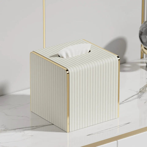 White Leather Tissue Box Cover With Gold Tone Edging, Modern Cube Vessel for Bathroom, Bedroom, Living Room or Office
