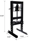 Six Ton Hydraulic Shop Press With Precision Pressure Gauge For Bearing Install Auto Maintenance And Metal Fabrication 13000 Lb Load Rating steel frame detailed with dimensions.