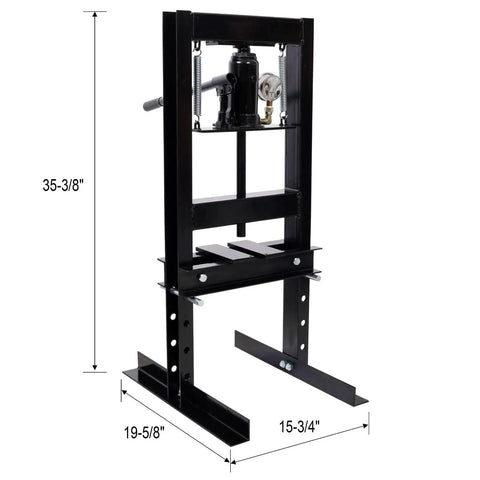 Six Ton Hydraulic Shop Press With Precision Pressure Gauge For Bearing Install Auto Maintenance And Metal Fabrication 13000 Lb Load Rating steel frame detailed with dimensions.