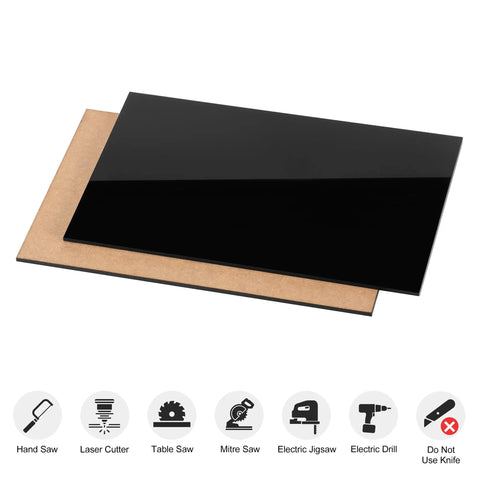 DIY Friendly Opaque Black Acrylic Sheet Pack Of Two 12 By 16 Inches One Eighth Inch Thick Cast Plexiglass Panels displayed on white background with tool recommendations below.