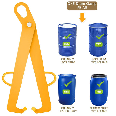 Heavy Duty 55 Gallon Vertical Drum Clamp Lifter With 1100 Pound Capacity For Steel Or Plastic Drums That Makes Moving And Hoisting Tons Of Weight A Total Breeze In Your Workshop Or Warehouse Today, displayed with various drum types.