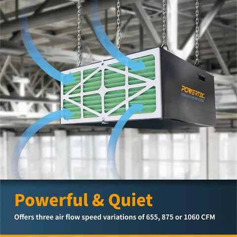 Heavy Duty Badass 3 Speed Remote Air Filtration System With 1060 CFM Kickin Airflow And Dual Micron Screens, ceiling-mounted with air flow indicators.