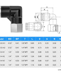 Diagram of Push To Connect Female Elbow Fittings 1/4 Inch Tube OD To 1/4 Inch NPT Thread 90 Degree Pro Grade Pneumatic Connector with dimensions