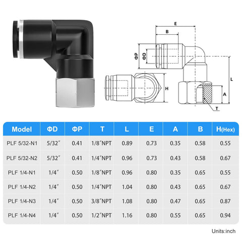 Pneumatic Female Elbow Push To Connect Fittings 5/32 Inch Tube OD X 1/8 Inch NPT Thread 90 Degree Copper And Plastic Diagram