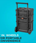 Beyond Stackable Tool Storage System 3 Piece Set With Small Deep Toolbox And Rolling Tote, shown upright with wheels and handle.