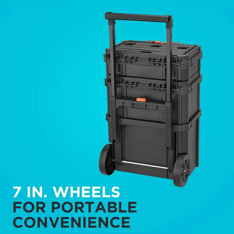 Beyond Stackable Tool Storage System 3 Piece Set With Small Deep Toolbox And Rolling Tote, shown upright with wheels and handle.