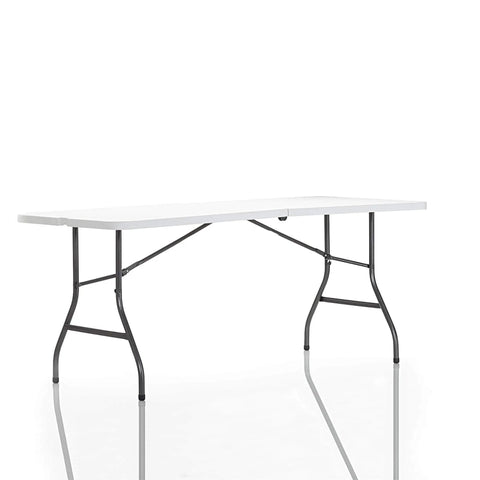 Six Foot Fold In Half Blow Molded Folding Table For Indoor And Outdoor Use with comfort handle, lightweight white plastic top.