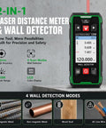 Straight Up Heavy Duty Wall Scanner And Dead On Stud Finder With Built In 120 Meter Laser Tape Measure showing modes and LCD display.