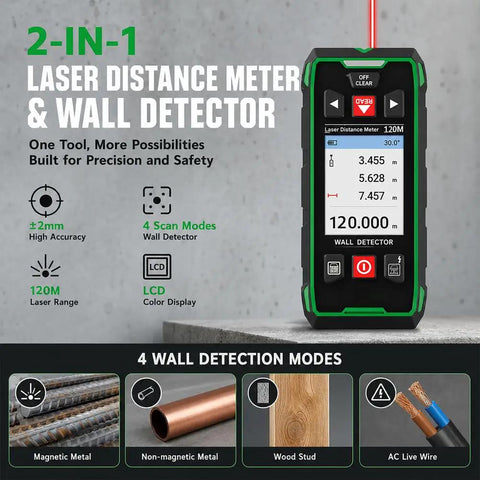 Straight Up Heavy Duty Wall Scanner And Dead On Stud Finder With Built In 120 Meter Laser Tape Measure showing modes and LCD display.