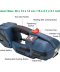 Heavy Duty Electric Hand Strapping Machine For Half To Five Eighth Inch PP PET Straps Friction Seamer Cartoning showing buttons and controls.