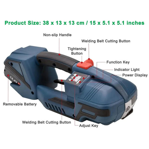 Heavy Duty Electric Hand Strapping Machine For Half To Five Eighth Inch PP PET Straps Friction Seamer Cartoning showing buttons and controls.