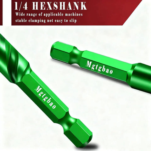 Two green Mgtgbao hex-shank masonry drill bits, 3/16–1/2 in, 4-flute serrated carbide for concrete