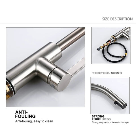 Close-up of 360° Swivel Stainless Steel Kitchen Faucet PullDown Sink Mixer Tap Polished Chrome finish showing design details.