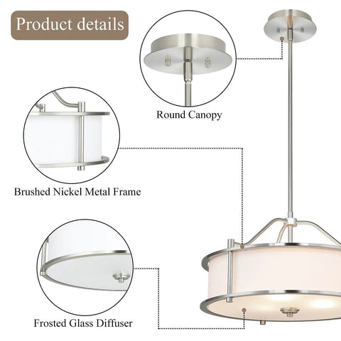 Three Light Drum Pendant With Fabric Shade And Glass Diffuser In Brushed Nickel, showing detailed canopy, frame, and diffuser design.