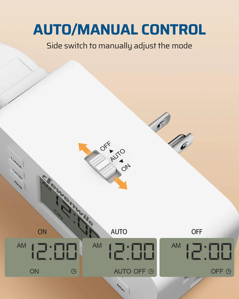 Indoor Programmable Digital Timer Outlet With Dual American Sockets showing auto/manual switch and digital display settings.