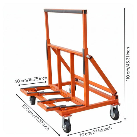 Folding Transport Cart Flatbed Hand Truck With Four Six Inch Swivel Casters Anti Slip Strips And Brake Control Sturdy Steel And Rubber Build For Hauling Heavy Boxes Groceries And Gear In Home Shop Or Garage, orange steel frame with 6-inch wheels
