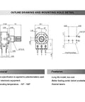 Technical diagram of 8 Pack B20K Linear Potentiometer With Built In Switch 20K Ohm 5 Pin WH148 Style, showing dimensions and features.