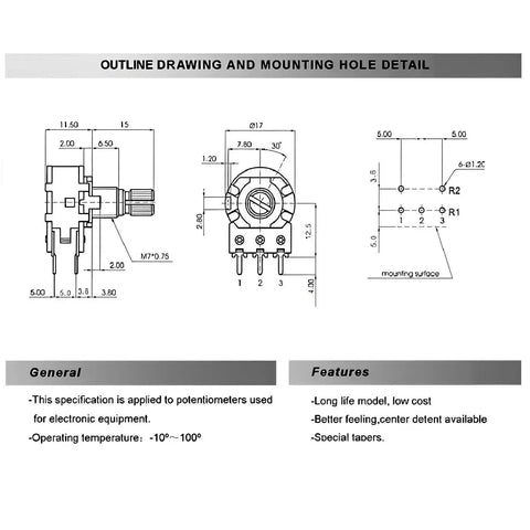 Technical diagram of 8 Pack B20K Linear Potentiometer With Built In Switch 20K Ohm 5 Pin WH148 Style, showing dimensions and features.