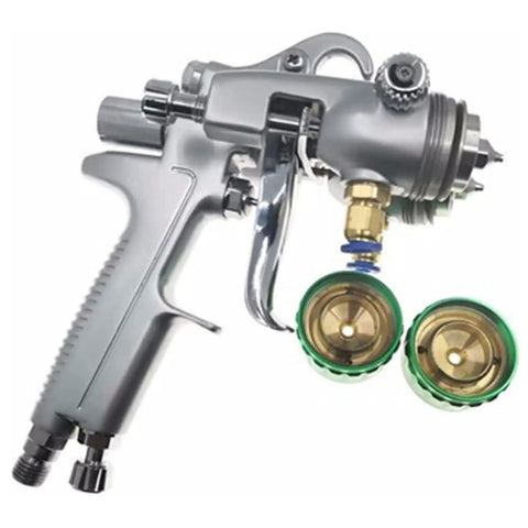 Plug And Play Dual Nozzle Pneumatic Paint Sprayer Featuring 1.3mm Stainless Steel Tip And 1000ml Cup showing metal spray gun with double nozzles.