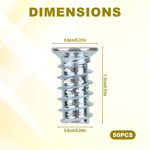 Product image of Shop Grade 50 Pack Zinc Plated Drawer Rail Screws with dimensions labeled 0.8cm, 1.3cm, and 0.6cm.