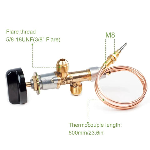 Gas Fire Pit Ignition Kit With Flame Failure Safety Valve Push Button Ignition showing flare thread and thermocouple details