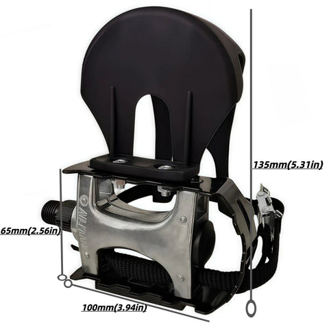 Pro Grade Spin Bike Pedals With Toe Clips And 4D Adjustable Straps, 9/16 Inch Alloy Spindle For Mountain And Road Bikes Peloton Schwinn Sunny, Heavy Duty 500 Pound Load Capacity And 12 Month Warranty shown with dimensions