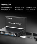 24 Port Gigabit PoE Switch With 300W Budget, 24 PoE Plus Ports Up To 30W Each, packaging contents including box and accessories