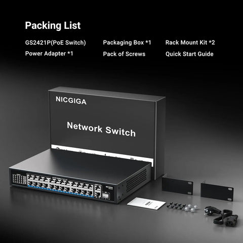 24 Port Gigabit PoE Switch With 300W Budget, 24 PoE Plus Ports Up To 30W Each, packaging contents including box and accessories