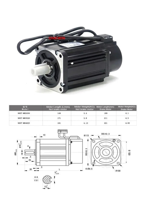 Front view of NOVKMJVZ 90ST-M03520 servo motor with mounting flange and cable leads