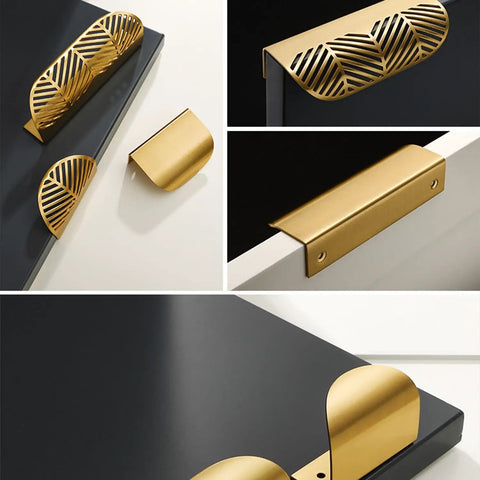 Two Pack Brass Edge Pulls With Copper Back Mount For Concealed Hidden Drawer Wardrobe Doors Arc Finger Pulls Hollow Out Design Length 4.6 Inches Champagne Gold displayed in various angles