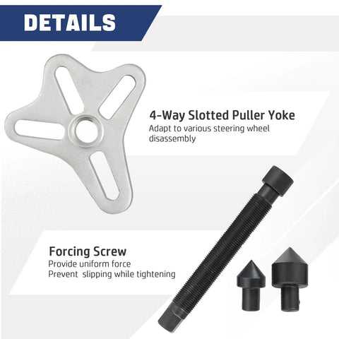 46 Piece Harmonic Balancer Puller Set And Steering Wheel Puller Kit, showing 4-way slotted puller yoke and forcing screw.