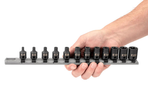 Hand holding 3/8 Inch Drive Shallow External Star Impact Socket Set With Rail, 12-Piece (E4-E20) for quick bolt busting.