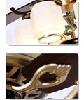 Close-up of the Slick Five Blade Vintage Gold Ceiling Fan With Six Frosted Milk Glass Lights and rugged wood blades details.
