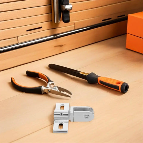 Four Sets Silver Alloy Heavy Duty Shower Door Hinges With Dual Opening For 812mm Frameless Tempered Glass Showers on wooden bench