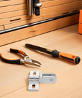 Frameless Shower Door Hinges Set Of 4, Heavy Duty 812mm Tempered Glass, alloy hinge on wooden workbench with tools visible
