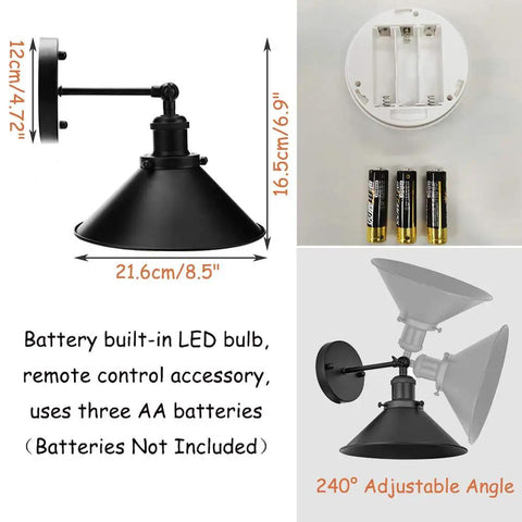2-Pack Battery-Operated Remote Control Wall Lights, 55 Lumens Each, showing dimensions and battery compartment, batteries not included