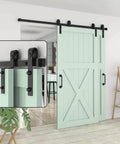 Heavy Duty Carbon Steel Sliding Barn Door Track Hardware Kit With Ceiling Mount, black powder coated, shown installed on doors