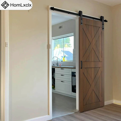 Interior view of 6 Ft Heavy Duty Sliding Barn Door Hardware Kit With Track Rail and Quiet Smooth Operation, door partially open