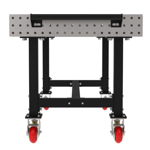 Boss Grade Heavy Duty Welding Fixture Table With Precision Laser Cut Hole Grid And Sweet Rolling Non Marking Casters 72 By 36 By 36 Inch view from the front showing laser cut surface and rolling casters.