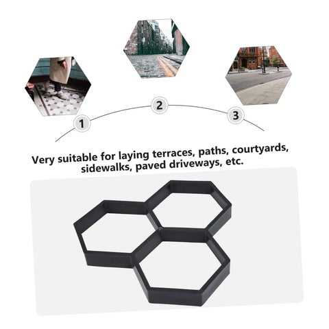DIY Hexagon Cement Floor Mold For Garden Paths And Patios Reusable Paving Mold shown with example uses in pavement installation.