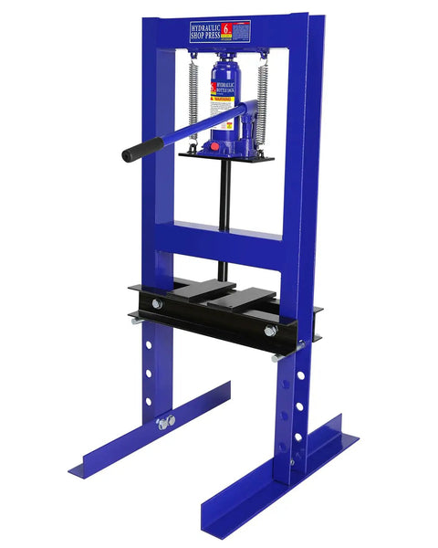 6 Ton Hydraulic Shop Press With Stamping Plates For Auto Repairs And Heavy Duty Bending And Straightening Bearings And U Joints On A Rugged Carbon Steel H Frame Ideal For Garage Floor Projects And Consistent Rebound visible in blue with adjustable bench and plates