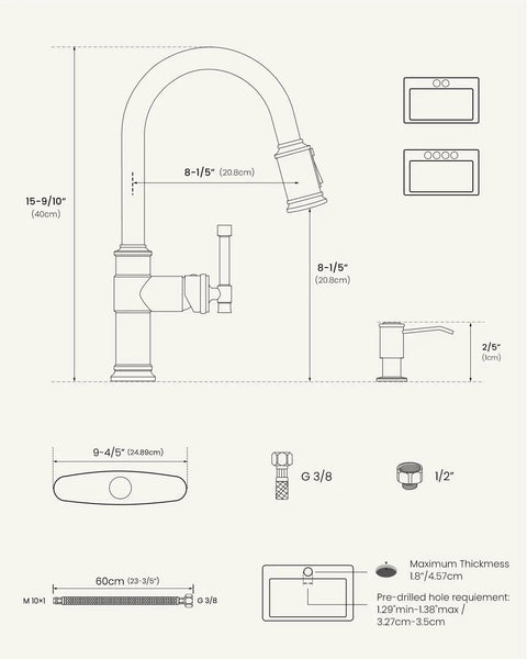 Technical drawing of Black Stainless Kitchen Faucet With Pull Down Sprayer And Soap Dispenser dimensions and installation guide.